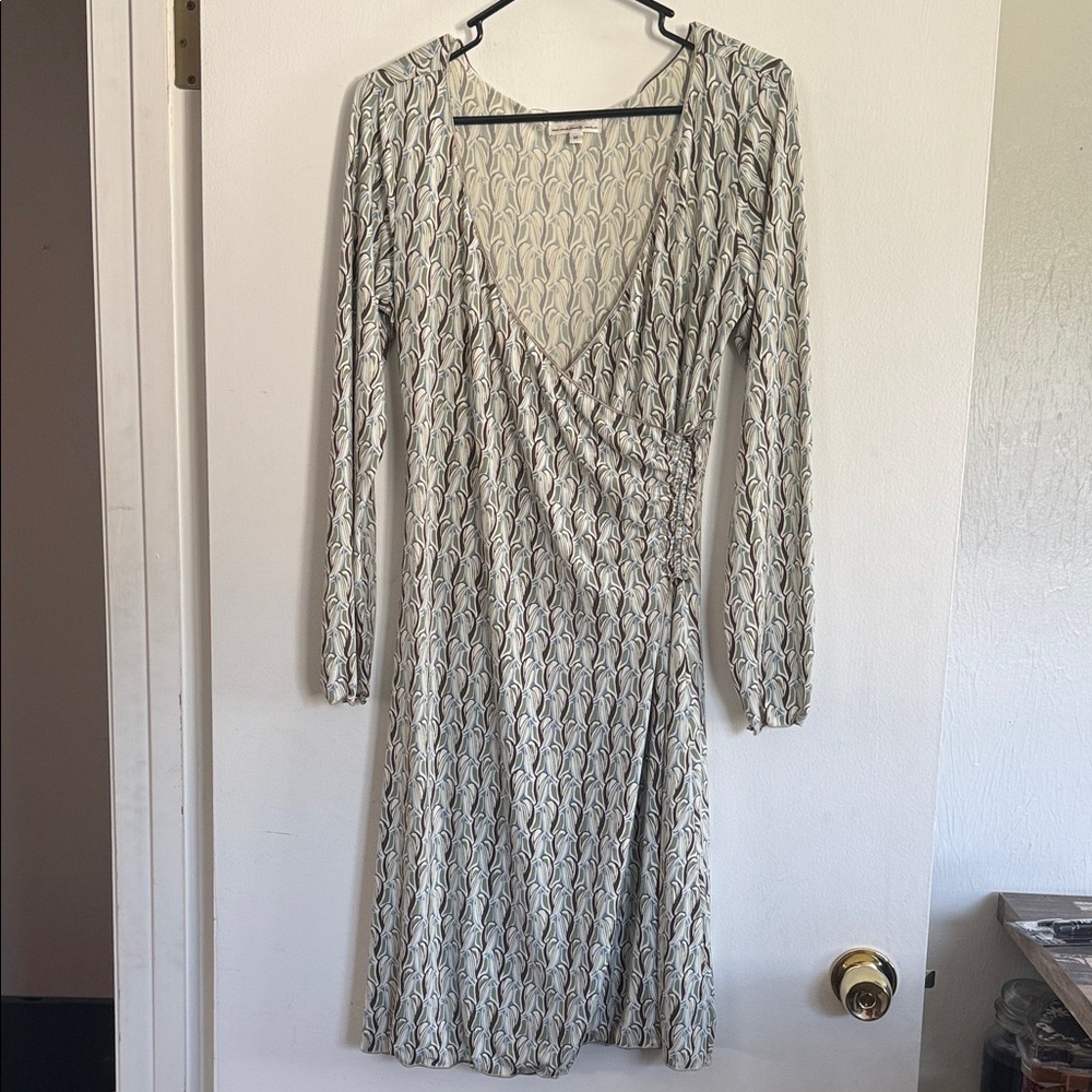 Max Studio Cream Long-Sleeve V-Neck Wrap Dress with Subtle Pattern